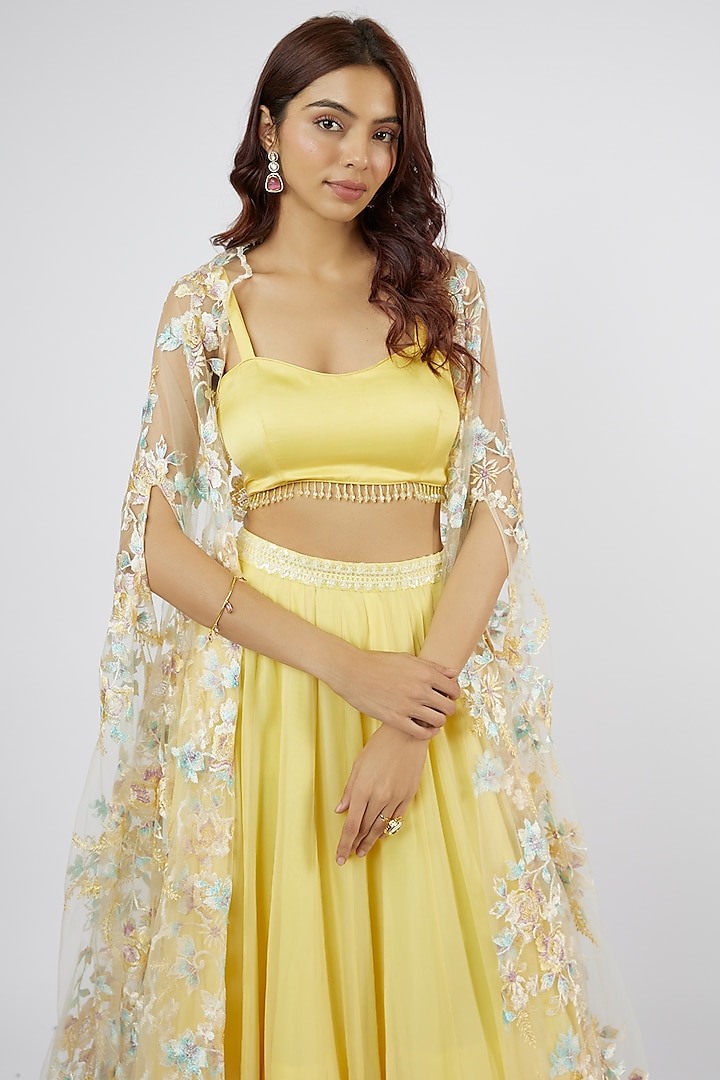 Yellow & Pink Georgette Hand Embroidered Jacket Wedding Lehenga Set by LABEL PRIYANKA KAR at Pernia's Pop Up Shop
