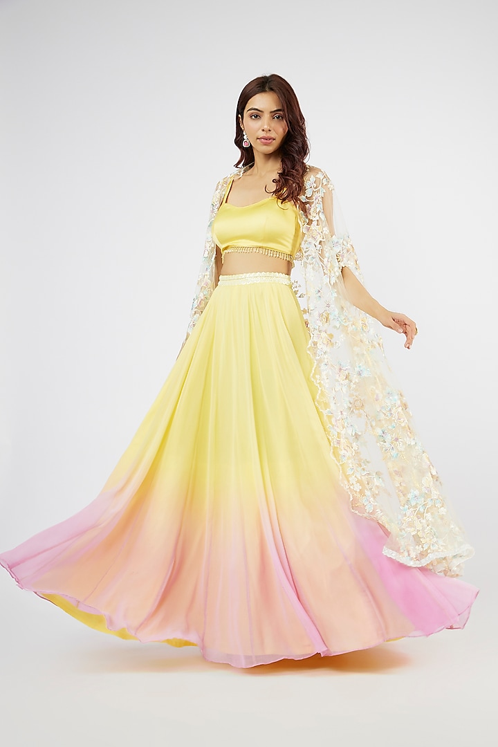 Yellow & Pink Georgette Hand Embroidered Jacket Wedding Lehenga Set by LABEL PRIYANKA KAR at Pernia's Pop Up Shop