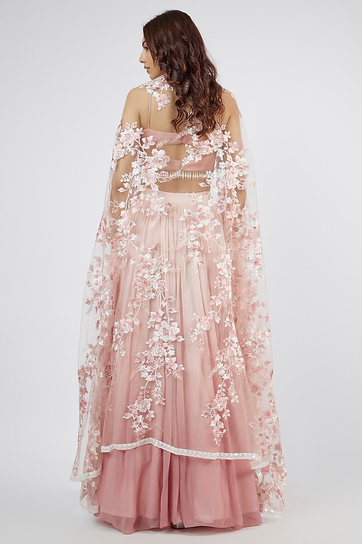 Pink-Peach Georgette Hand Embroidered Jacket Wedding Lehenga Set by LABEL PRIYANKA KAR at Pernia's Pop Up Shop