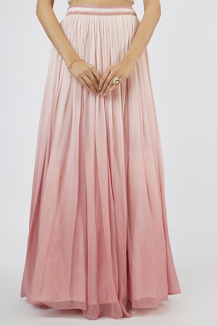 Pink-Peach Georgette Hand Embroidered Jacket Wedding Lehenga Set by LABEL PRIYANKA KAR at Pernia's Pop Up Shop