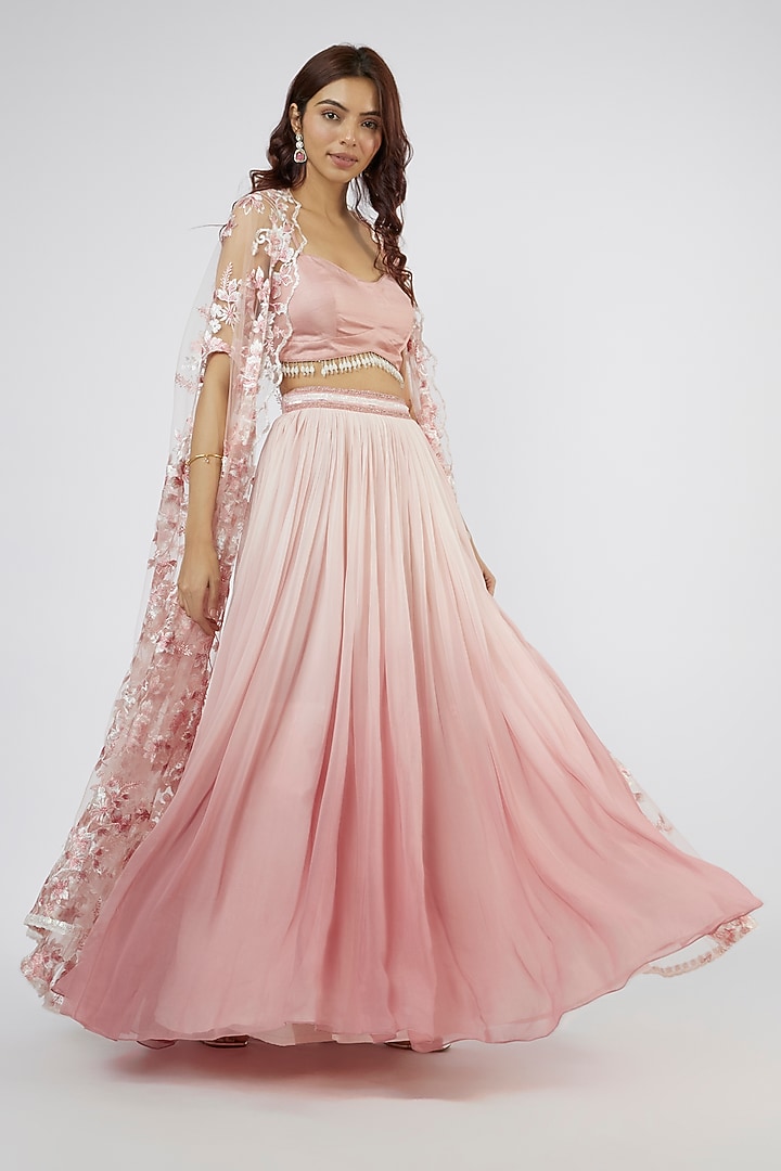 Pink-Peach Georgette Hand Embroidered Jacket Wedding Lehenga Set by LABEL PRIYANKA KAR at Pernia's Pop Up Shop