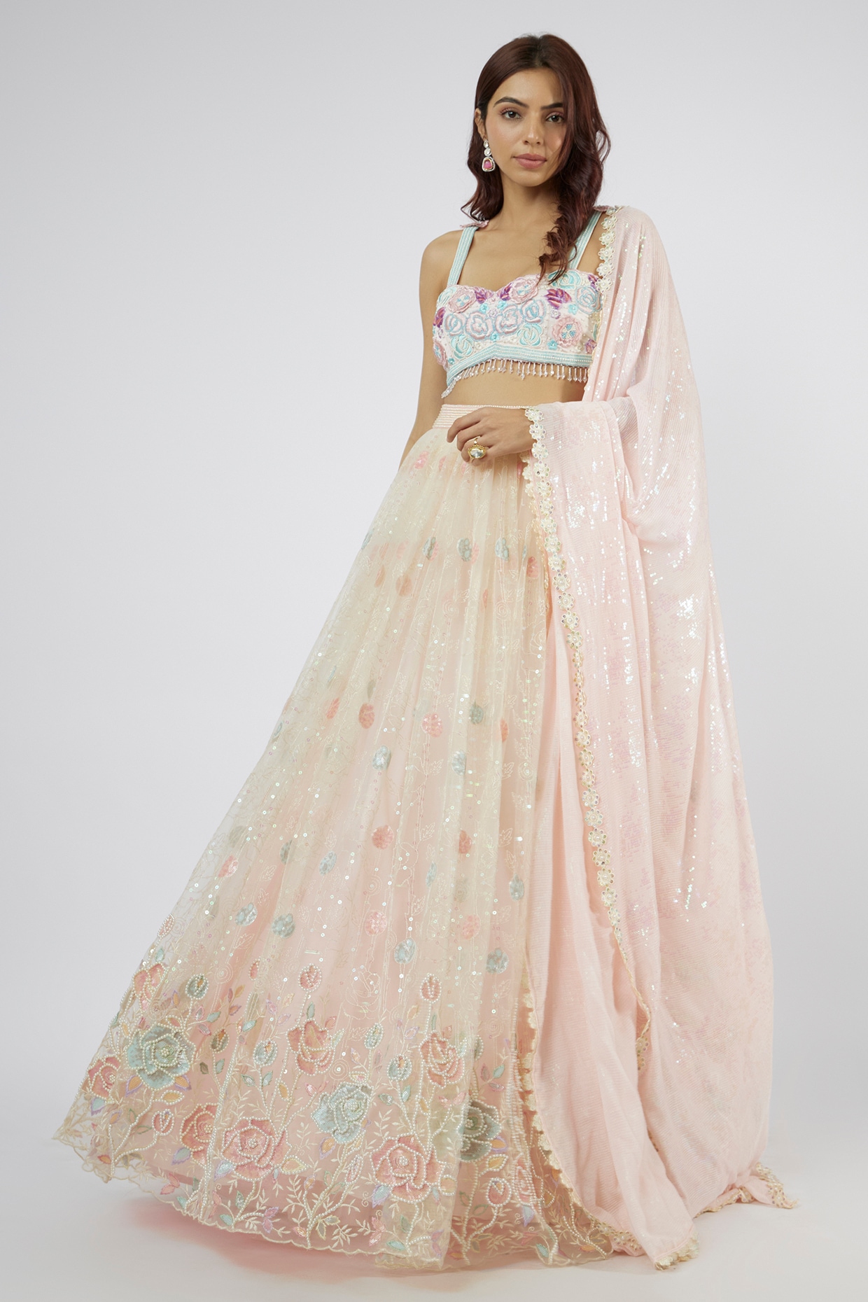 Buy Pink Organza Hand Embroidered Floral Aphrodite Shrug And Lehenga Set  For Women by Shasha Gaba Online at Aza Fashions.