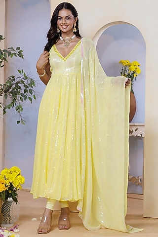 Lemon Yellow Georgette Sequins Embellished Kurta Set by LABEL PRIYANKA KAR
