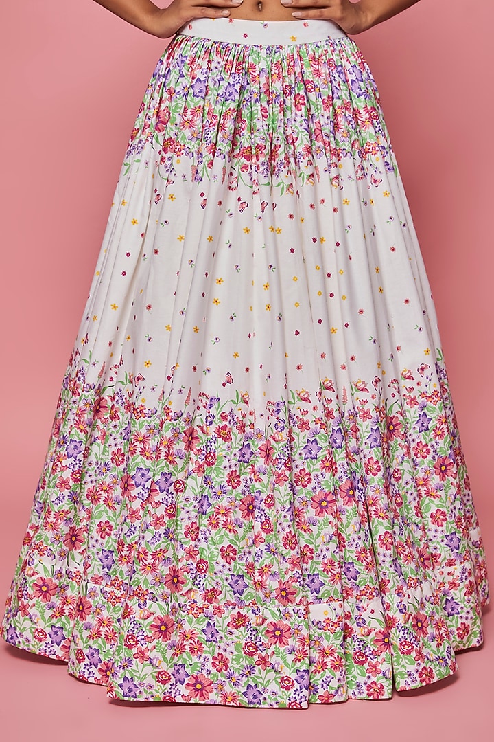 Ivory Cotton Printed & Embroidered Wedding Lehenga Set by LABEL PRIYANKA KAR at Pernia's Pop Up Shop