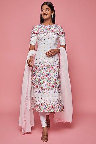 Ivory Cotton Printed & Embroidered Kurta Set by LABEL PRIYANKA KAR
