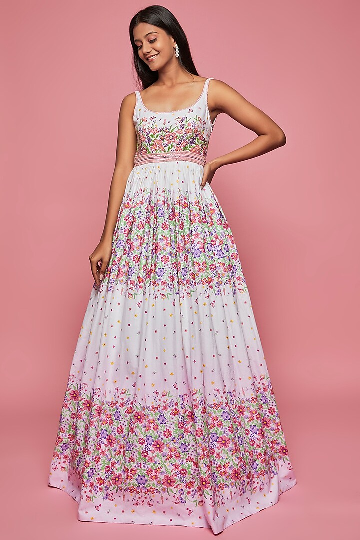 Pink Cotton Printed & Embroidered Gown by LABEL PRIYANKA KAR