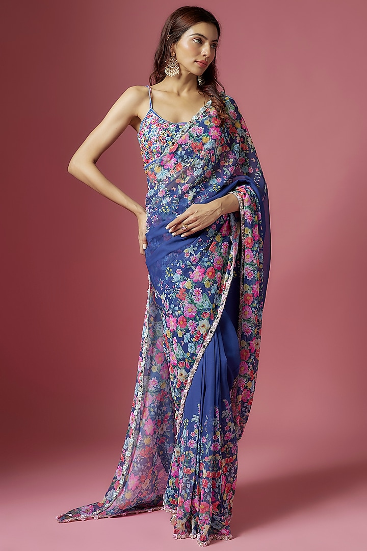 Blue Georgette Floral Printed & Hand Embroidered Pre-Draped Saree Set by LABEL PRIYANKA KAR