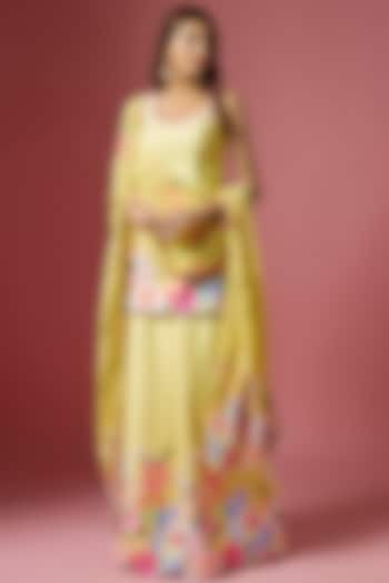 Yellow Viscose Blend Floral Printed & Hand Embroidered Sharara Set by LABEL PRIYANKA KAR at Pernia's Pop Up Shop