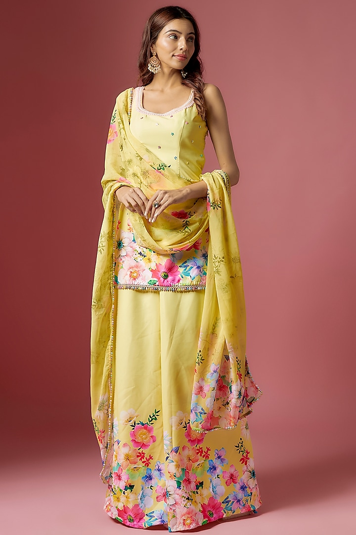 Yellow Viscose Blend Floral Printed & Hand Embroidered Sharara Set by LABEL PRIYANKA KAR at Pernia's Pop Up Shop