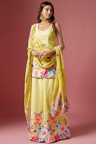 Yellow Viscose Blend Floral Printed & Hand Embroidered Sharara Set by LABEL PRIYANKA KAR