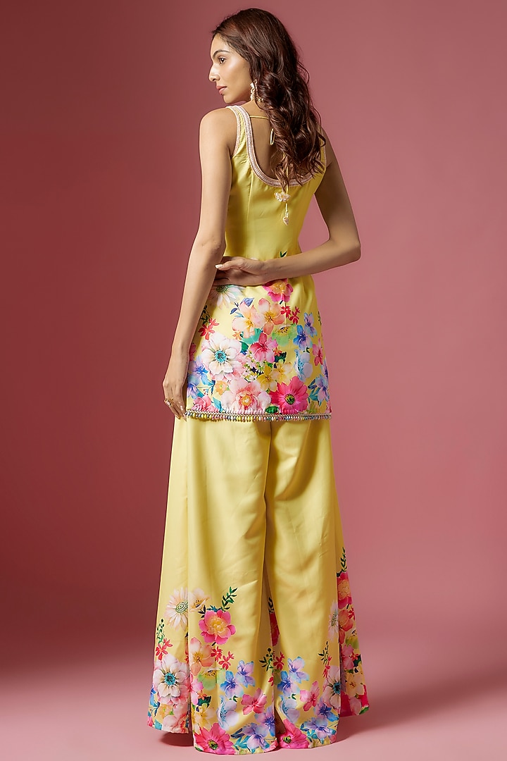 Yellow Viscose Blend Floral Printed & Hand Embroidered Party Wear Sharara Set by LABEL PRIYANKA KAR at Pernia's Pop Up Shop