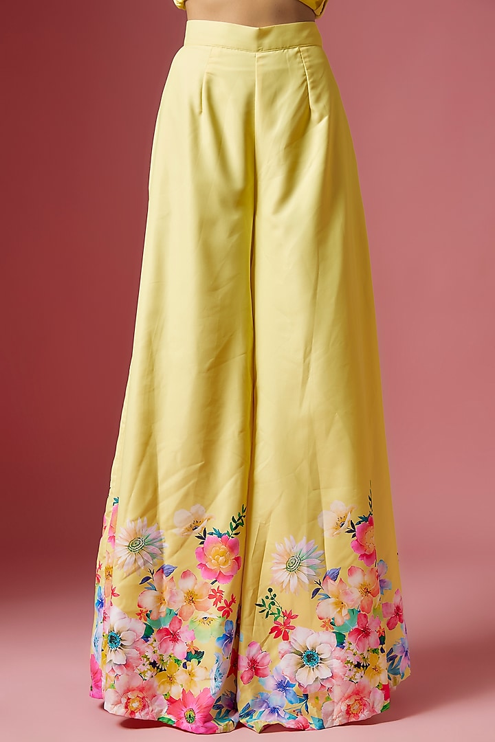 Yellow Viscose Blend Floral Printed & Hand Embroidered Party Wear Sharara Set by LABEL PRIYANKA KAR at Pernia's Pop Up Shop