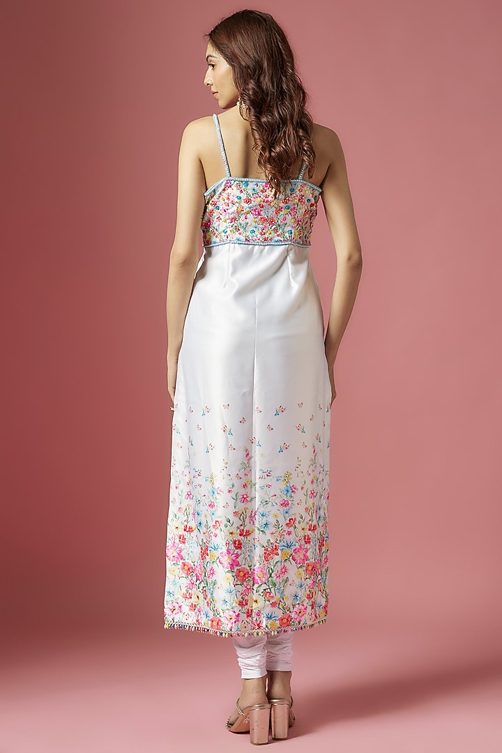 White Satin Floral Printed & Hand Embroidered Kurta Set by LABEL PRIYANKA KAR at Pernia's Pop Up Shop