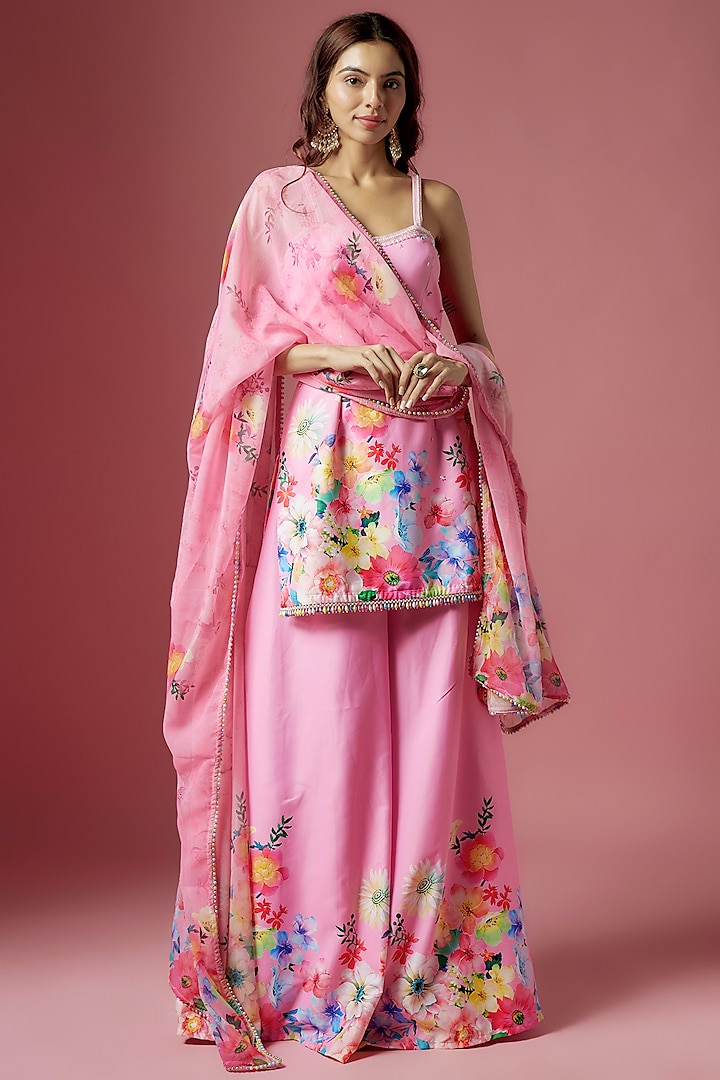 Pink Satin Floral Printed & Hand Embroidered Sharara Set by LABEL PRIYANKA KAR at Pernia's Pop Up Shop