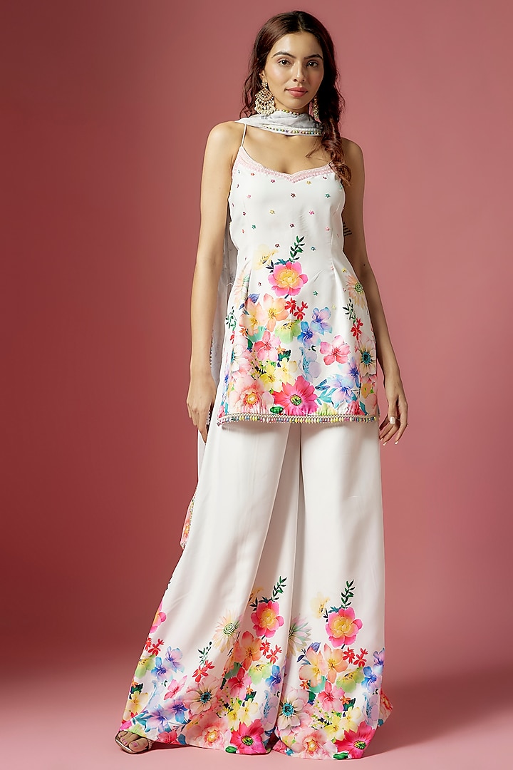 White Satin Floral Printed & Hand Embroidered Sharara Set by LABEL PRIYANKA KAR at Pernia's Pop Up Shop