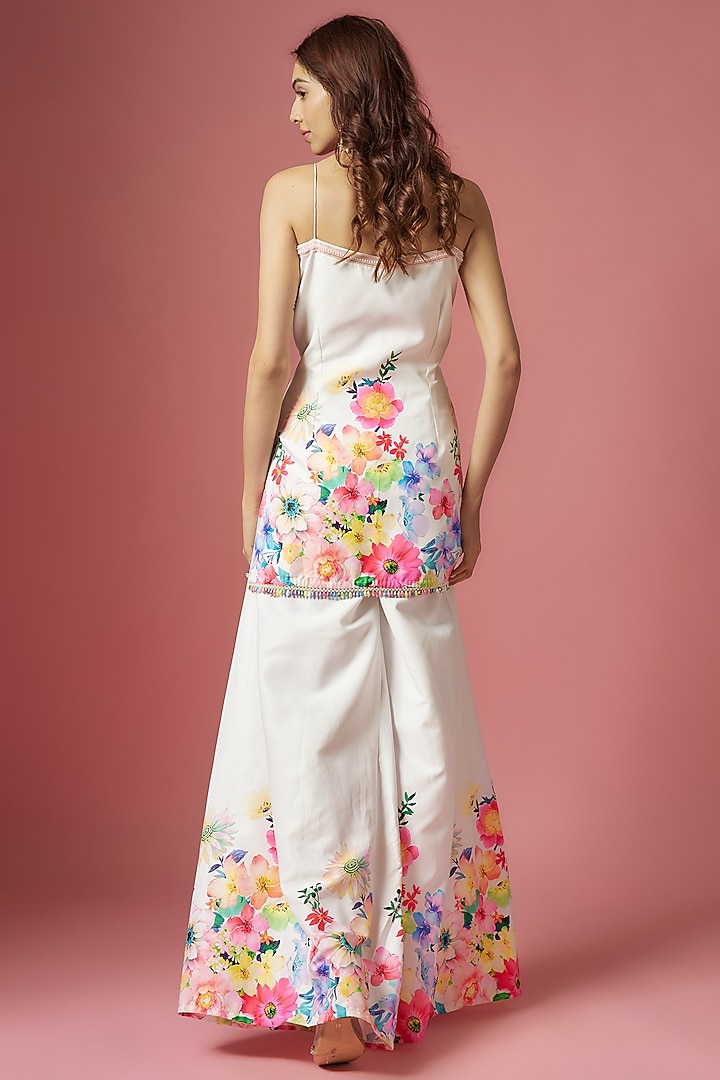 White Satin Floral Printed & Hand Embroidered Party Wear Sharara Set by LABEL PRIYANKA KAR at Pernia's Pop Up Shop