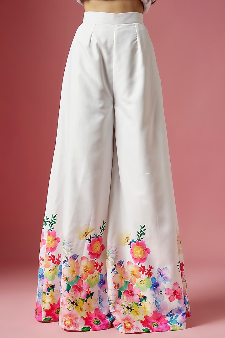 White Satin Floral Printed & Hand Embroidered Party Wear Sharara Set by LABEL PRIYANKA KAR at Pernia's Pop Up Shop