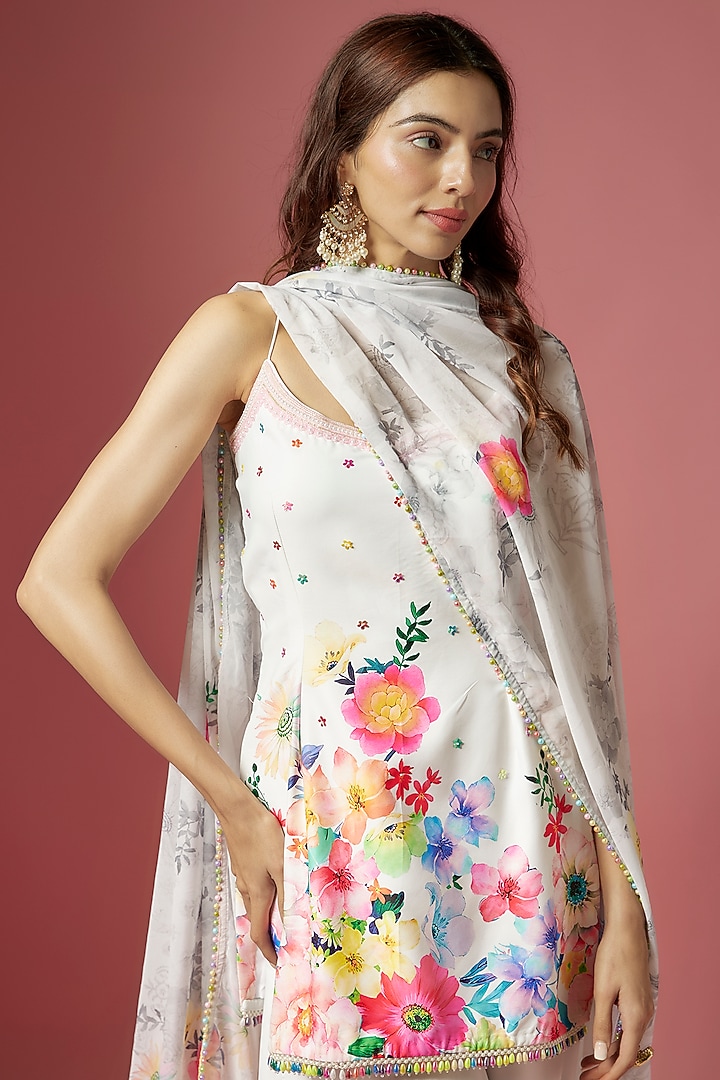 White Satin Floral Printed & Hand Embroidered Party Wear Sharara Set by LABEL PRIYANKA KAR at Pernia's Pop Up Shop