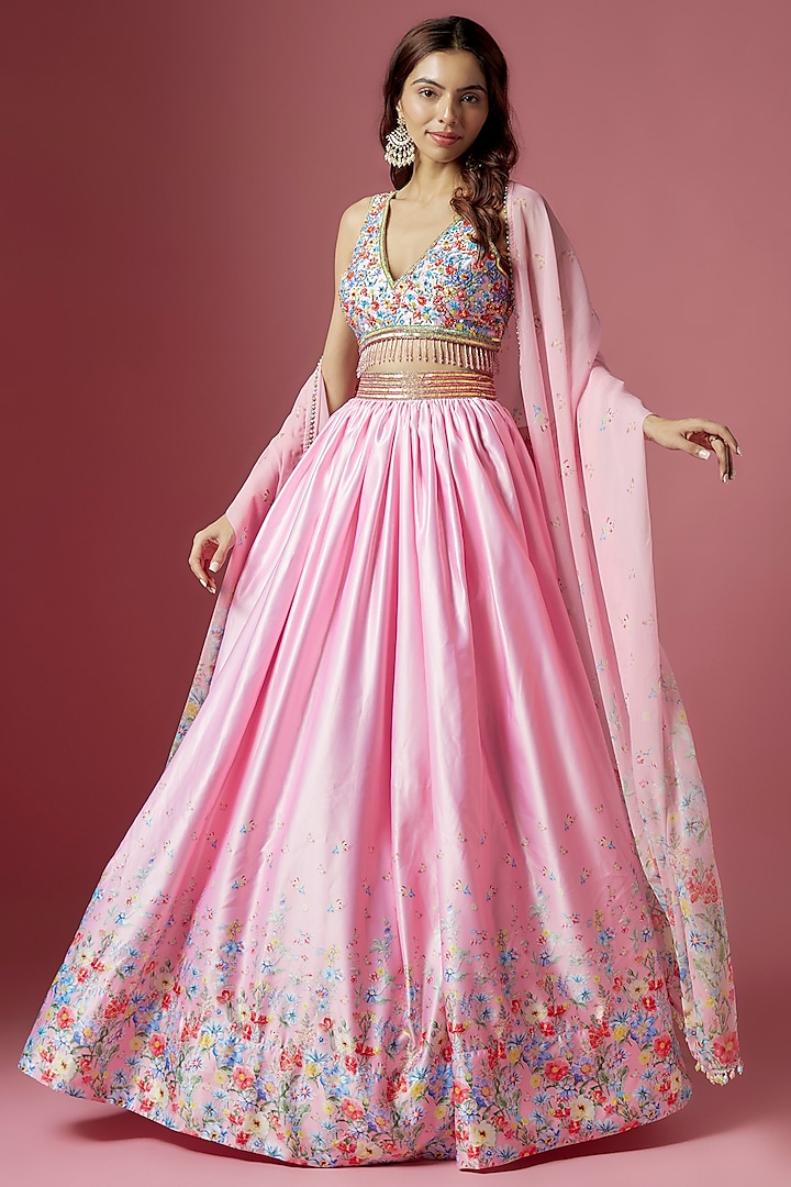 Pink Satin Floral Printed & Hand Embroidered Lehenga Set by LABEL PRIYANKA KAR