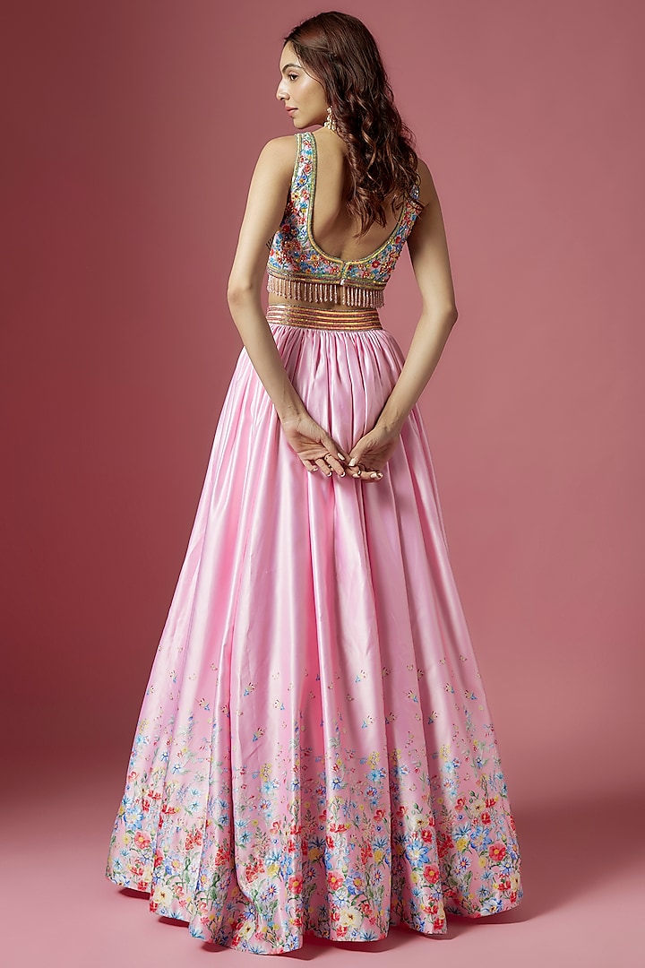 Pink Satin Floral Printed & Hand Embroidered Wedding Lehenga Set by LABEL PRIYANKA KAR at Pernia's Pop Up Shop