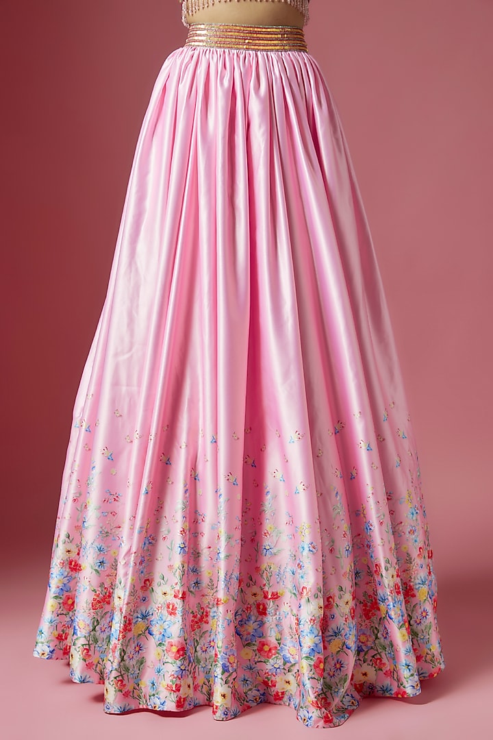 Pink Satin Floral Printed & Hand Embroidered Wedding Lehenga Set by LABEL PRIYANKA KAR at Pernia's Pop Up Shop
