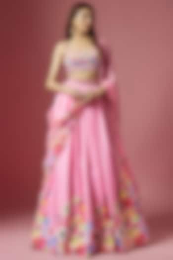 Pink Satin Floral Printed & Hand Embroidered Lehenga Set by LABEL PRIYANKA KAR