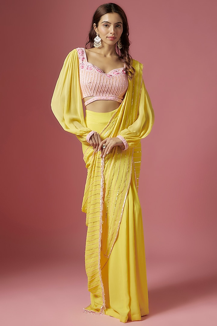 Yellow Double Georgette Crystal Beads Embroidered Pre-Draped Saree Set by LABEL PRIYANKA KAR