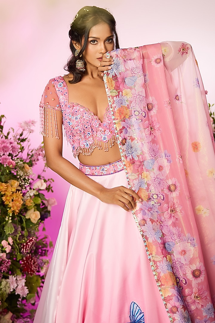 Pink Crystal Floral Printed & Embellished Wedding Lehenga Set by LABEL PRIYANKA KAR at Pernia's Pop Up Shop