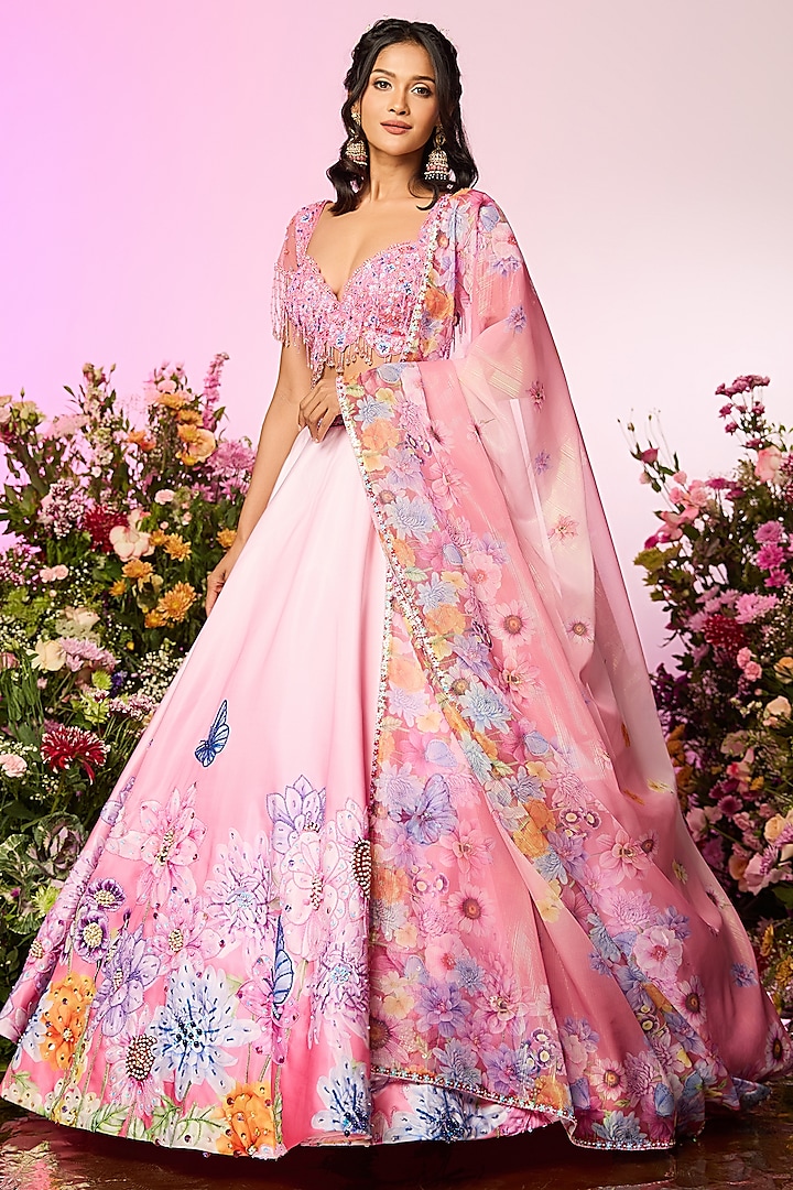 Pink Crystal Floral Printed & Embellished Wedding Lehenga Set by LABEL PRIYANKA KAR at Pernia's Pop Up Shop