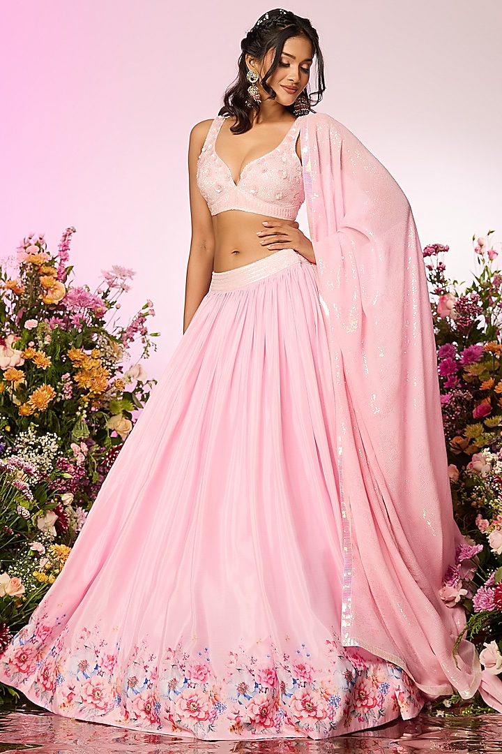 Pink Chinon Chiffon Floral Printed & Embellished Wedding Lehenga Set by LABEL PRIYANKA KAR at Pernia's Pop Up Shop