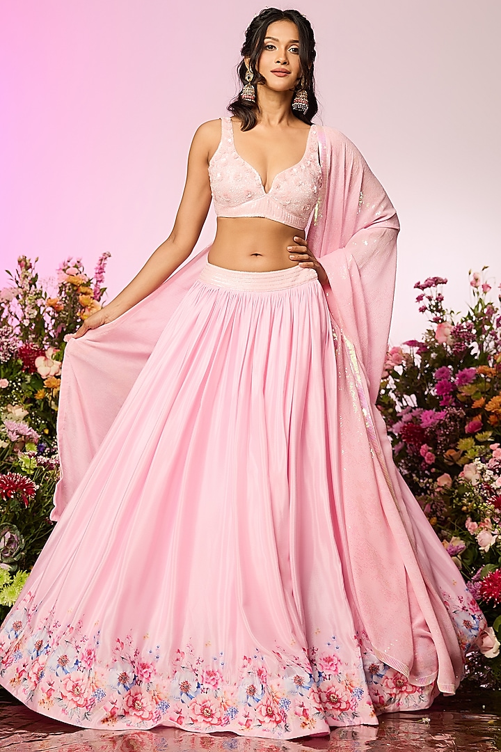 Pink Chinon Chiffon Floral Printed & Embellished Wedding Lehenga Set by LABEL PRIYANKA KAR at Pernia's Pop Up Shop