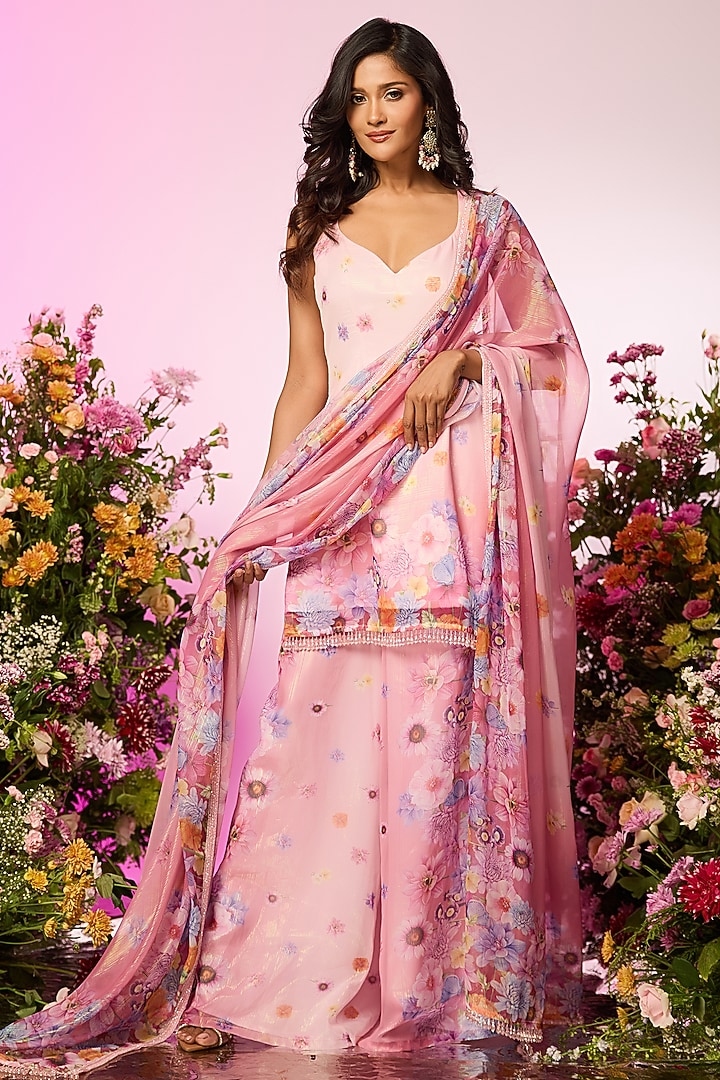 Pink Zari Floral Printed Party Wear Sharara Set by LABEL PRIYANKA KAR at Pernia's Pop Up Shop