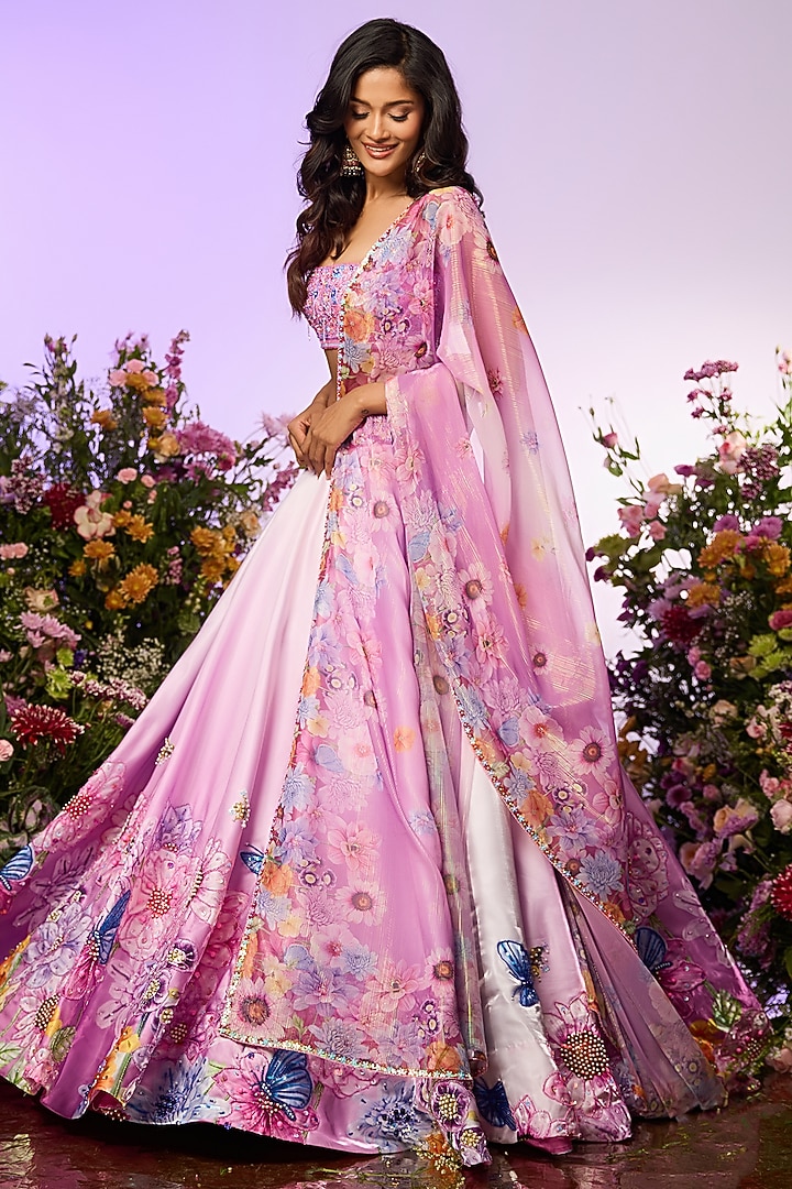 Lavender Crystal Floral Printed & Beads Embellished Wedding Lehenga Set by LABEL PRIYANKA KAR at Pernia's Pop Up Shop