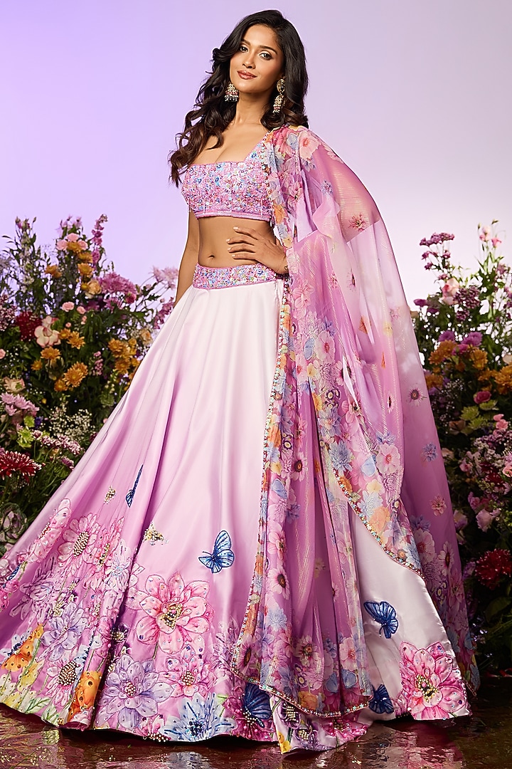 Lavender Crystal Floral Printed & Beads Embellished Wedding Lehenga Set by LABEL PRIYANKA KAR at Pernia's Pop Up Shop