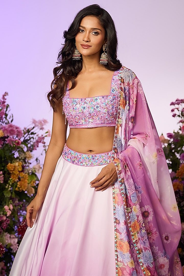 Lavender Crystal Floral Printed & Beads Embellished Wedding Lehenga Set by LABEL PRIYANKA KAR at Pernia's Pop Up Shop