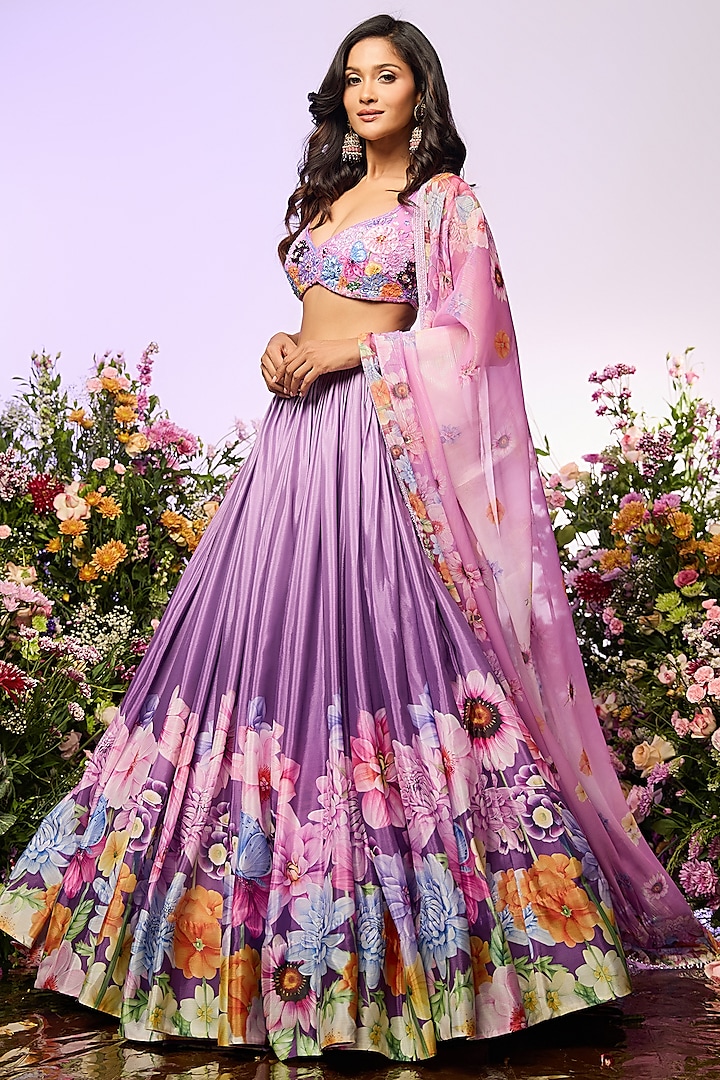 Lavender Chinon Chiffon Floral Printed & Beads Embellished Wedding Lehenga Set by LABEL PRIYANKA KAR at Pernia's Pop Up Shop