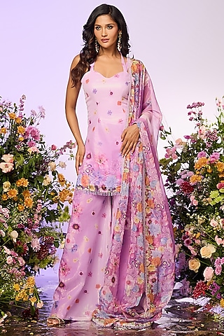 Lavender Zari Floral Printed Sharara Set by LABEL PRIYANKA KAR