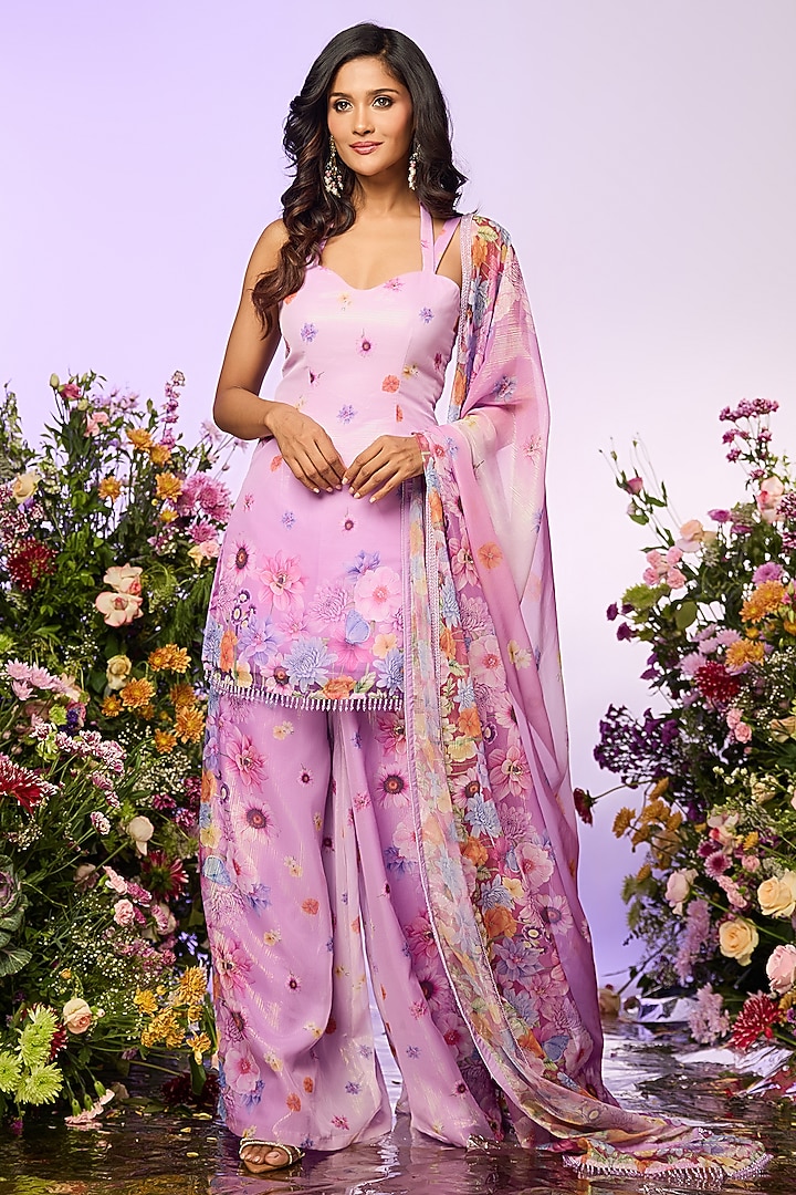 Lavender Zari Floral Printed Party Wear Sharara Set by LABEL PRIYANKA KAR at Pernia's Pop Up Shop