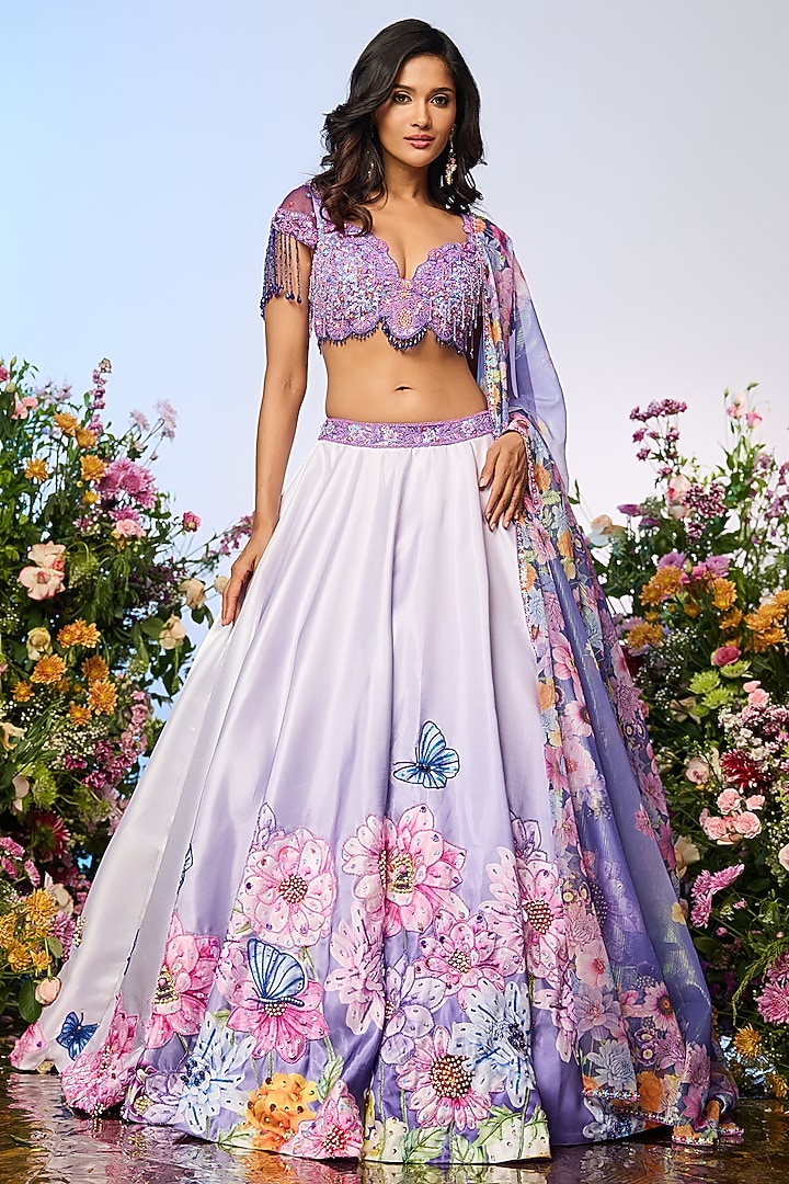 Lilac Blue Crystal Beads Embellished Wedding Lehenga Set by LABEL PRIYANKA KAR at Pernia's Pop Up Shop