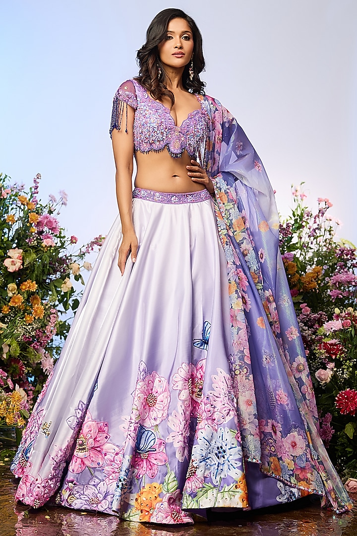 Lilac Blue Crystal Beads Embellished Wedding Lehenga Set by LABEL PRIYANKA KAR at Pernia's Pop Up Shop