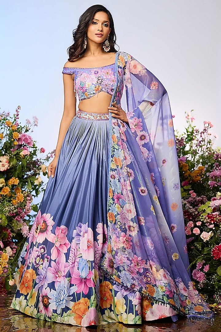 Lilac Blue Chinon Chiffon Floral Printed Wedding Lehenga Set by LABEL PRIYANKA KAR at Pernia's Pop Up Shop