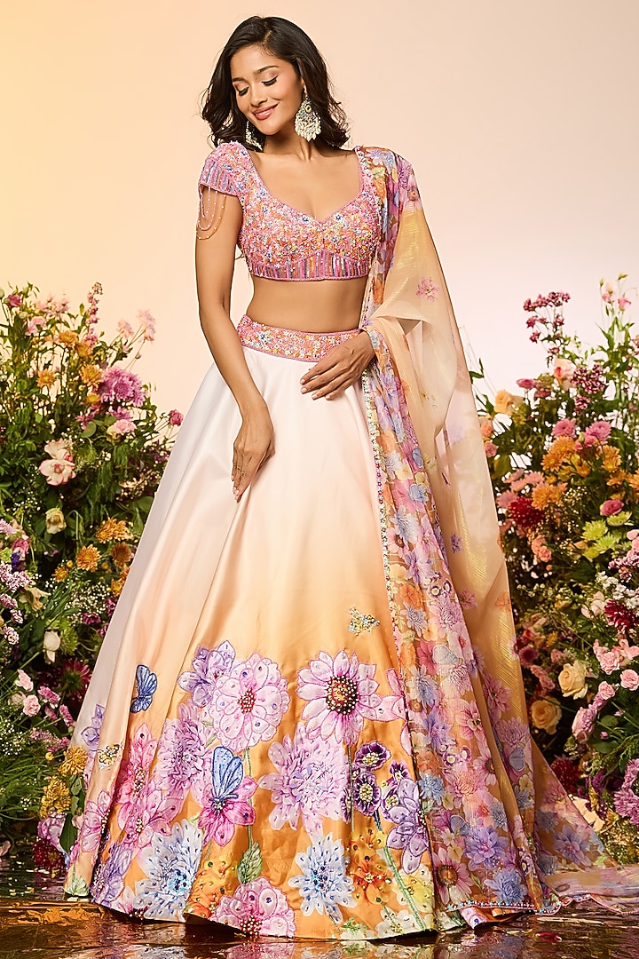 Ochre Yellow Crystal Printed & Embellished Wedding Lehenga Set by LABEL PRIYANKA KAR at Pernia's Pop Up Shop