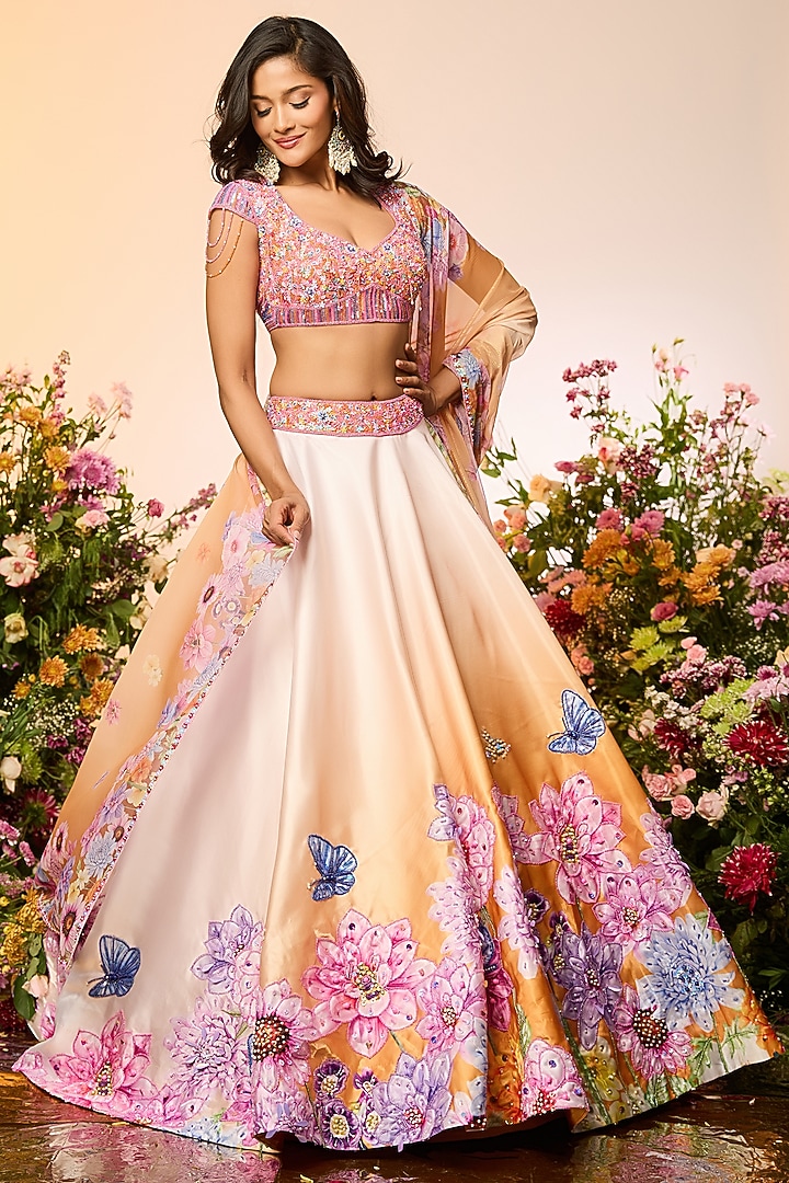 Ochre Yellow Crystal Printed & Embellished Wedding Lehenga Set by LABEL PRIYANKA KAR at Pernia's Pop Up Shop