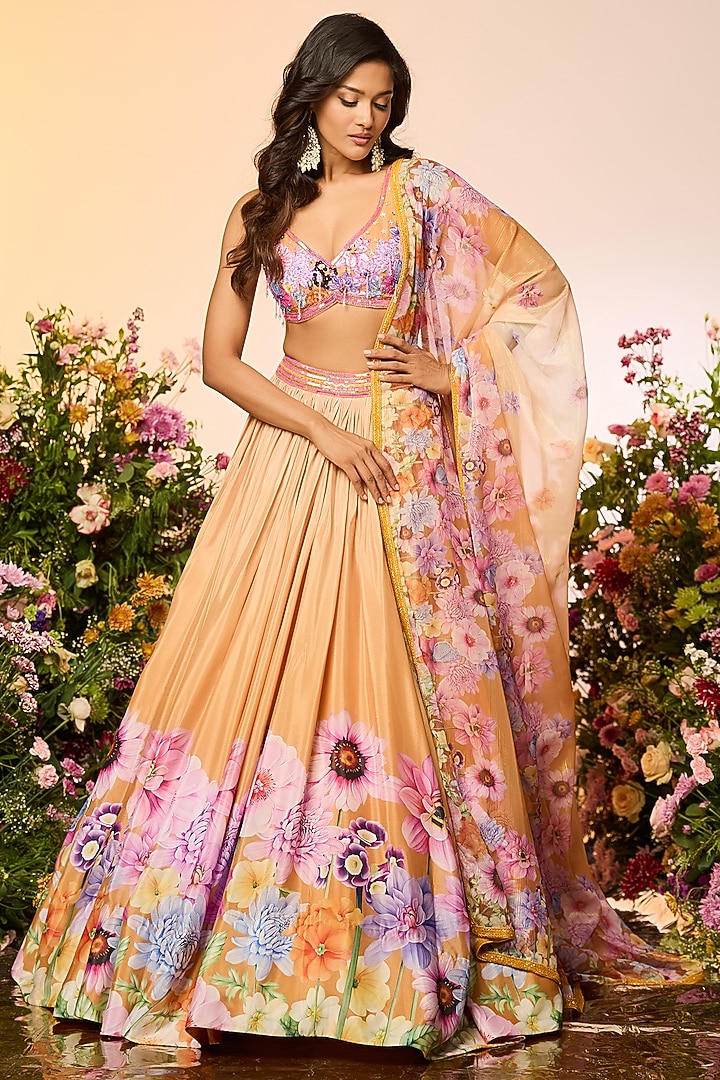 Ochre Yellow Chinon Chiffon Printed & Embellished Wedding Lehenga Set by LABEL PRIYANKA KAR at Pernia's Pop Up Shop