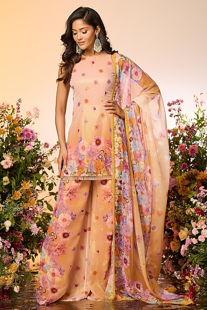 Ochre Yellow Zari Floral Printed Party Wear Sharara Set by LABEL PRIYANKA KAR at Pernia's Pop Up Shop