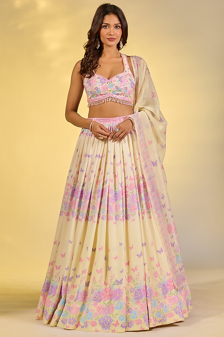 Yellow Double Georgette Floral Printed & Crystal Embroidered Wedding Lehenga Set by LABEL PRIYANKA KAR at Pernia's Pop Up Shop