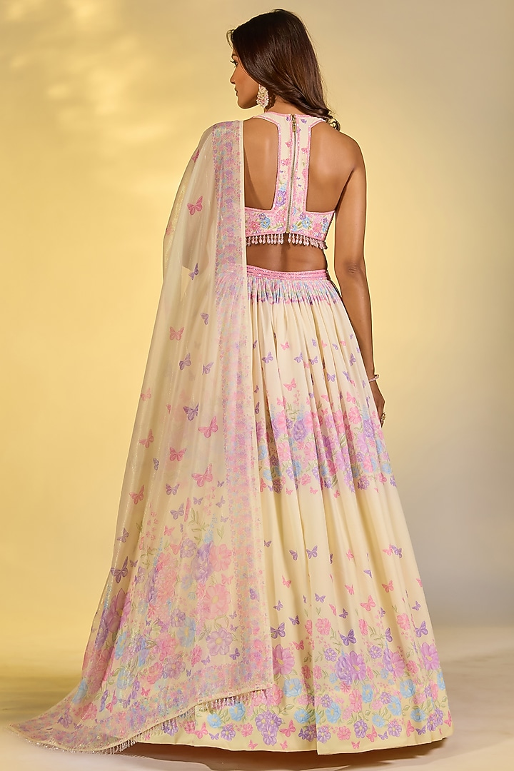 Yellow Double Georgette Floral Printed & Crystal Embroidered Wedding Lehenga Set by LABEL PRIYANKA KAR at Pernia's Pop Up Shop