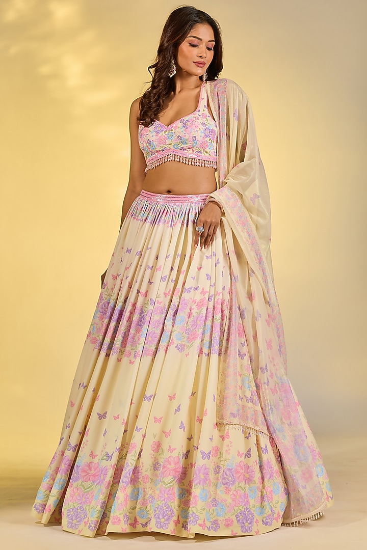 Yellow Double Georgette Floral Printed & Crystal Embroidered Wedding Lehenga Set by LABEL PRIYANKA KAR at Pernia's Pop Up Shop