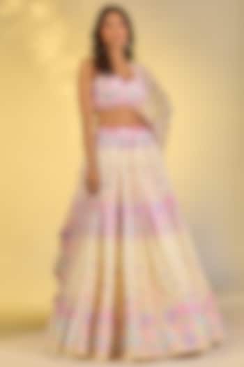 Yellow Double Georgette Floral Printed & Crystal Embroidered Wedding Lehenga Set by LABEL PRIYANKA KAR at Pernia's Pop Up Shop