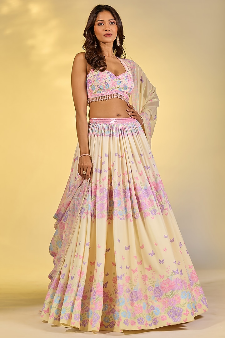 Yellow Double Georgette Floral Printed & Crystal Embroidered Wedding Lehenga Set by LABEL PRIYANKA KAR at Pernia's Pop Up Shop